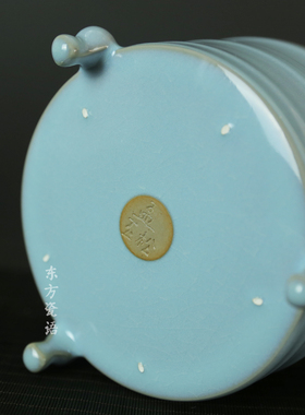 国大师孟玉松玄纹尊邮票四件套三足弦纹尊汝瓷摆件天青釉手签款