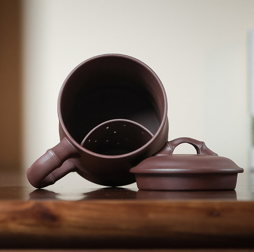 宜兴紫砂杯半手工带竖隔舱过滤杯带盖子家用办公个人茶水杯450ml - 图1