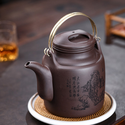 大茶壶内胆过滤茶壶大容量大号紫砂壶铜提梁洋桶壶半手工大紫砂壶 - 图0