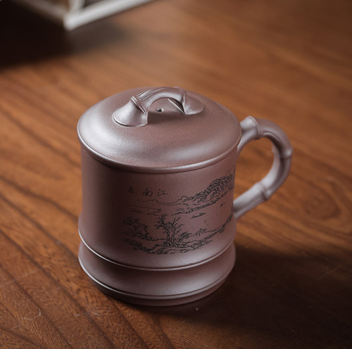 宜兴紫砂杯半手工带竖隔舱过滤杯带盖子家用办公个人茶水杯450ml - 图0