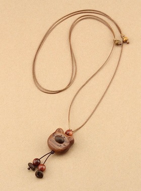 国风长款蜡绳咖啡豆小熊项链女复古木质吊坠毛衣链民族风配饰批发