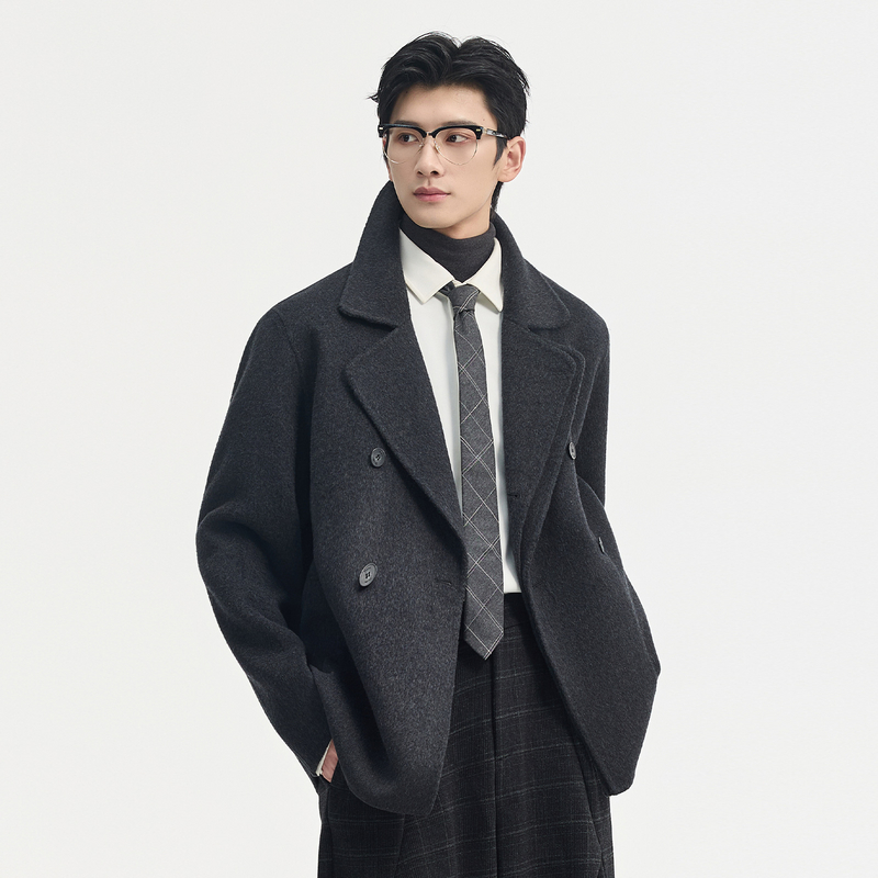 伯爵先生25秋冬设计感翻领羊毛呢大衣短款男含羊驼绒保暖呢子外套 - 图0