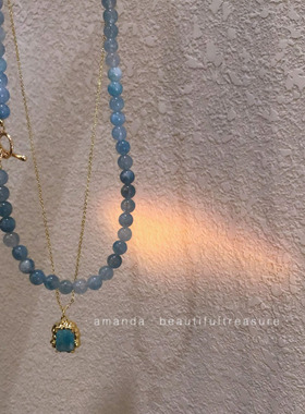 海蓝~清新高级感蓝色水晶玉石短项链气质优雅串珠锁骨链毛衣链女