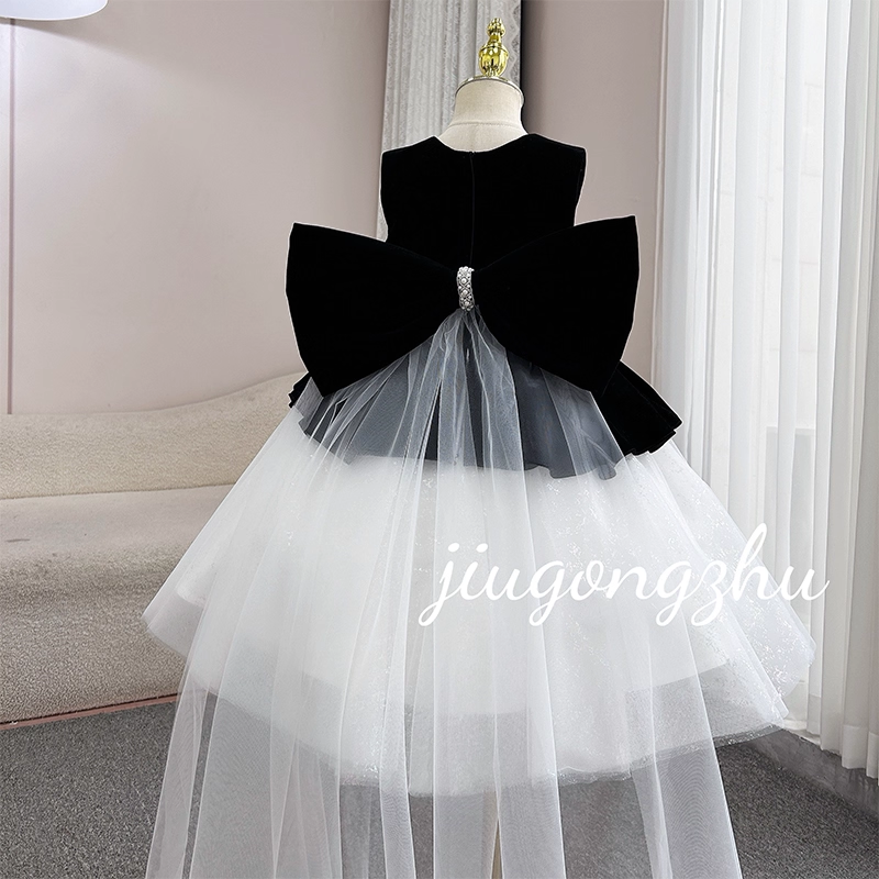 PGBKJA公主裙时尚高级感黑色丝绒拼接网纱长袖礼服儿童小礼服演出,淘宝优惠券,粉丝福利购,淘宝优惠卷