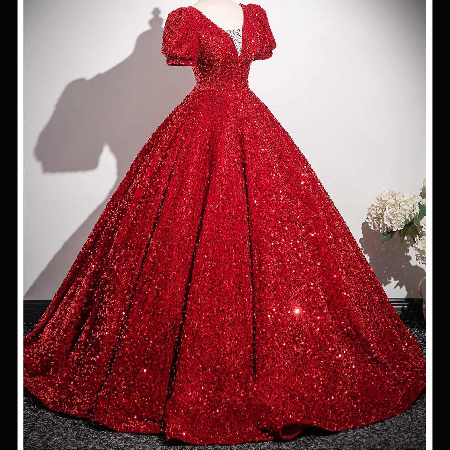 女童礼服高端大气红色亮片短袖V领大裙摆小主持人模特走秀演出服,淘宝优惠券,粉丝福利购,淘宝优惠卷