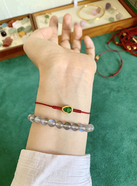 925银镶《翡翠》手工编绳简约百搭叠戴极细红绳手链可调节手围