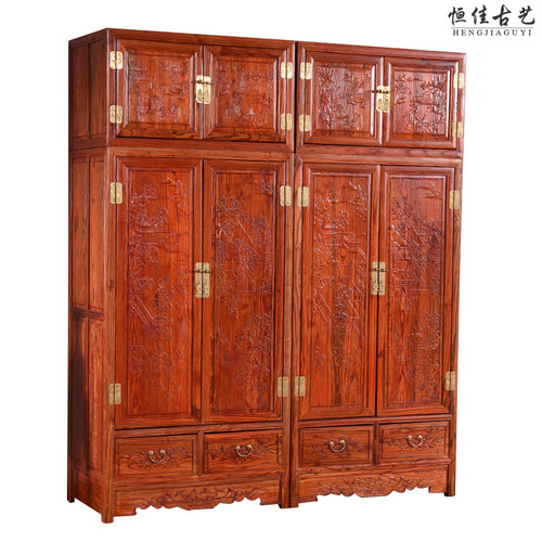 中式红木古典全实木明清仿古南榆木家具顶箱衣柜 雕花双门大衣橱 - 图2