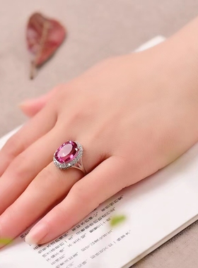 天然红托帕石戒指女925银镀白金彩宝水晶指环流行饰品礼物附证书