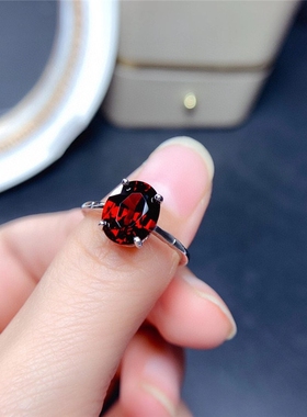 天然石榴石戒指纯银镀白金镶嵌女款宝石原矿水晶珠宝指环饰品证书