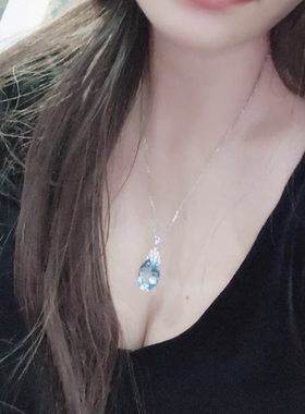 天然托帕石吊坠女S925纯银项链1轻奢大颗粒蓝色宝石水晶项坠礼物