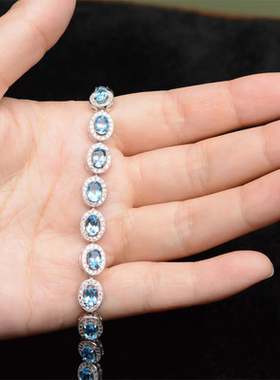 新品轻奢时尚天然托帕石蓝宝手链女银镀18K金手串网红小红书爆款