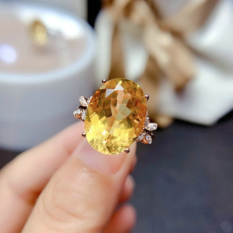 天然黄水晶戒指原矿宝石S925纯银时尚个性玫瑰金指环开口带证书-图0