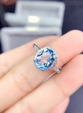 天然海蓝宝戒指925银白金原石彩宝水晶女款指环潮流饰品礼物证书