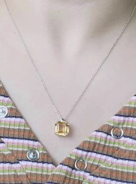 天然黄水晶方戒面吊坠纯银镀白金托女原矿宝石挂件饰品流行项链