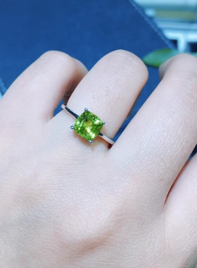 天然橄榄石戒指女款宝石925银镀白金戒托彩宝水晶指环小清新流行