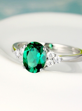 轻奢精致美货培育祖母绿戒指女款简单925银镀18K白金宝石指环流行