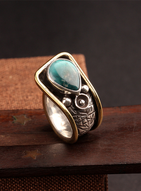孤品 印度手工纯银绿松石开口食指夸张个性创意小众气质戒指女