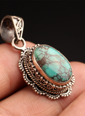尼泊尔手工纯银雕花镶嵌绿松石复古民族风个性项链吊坠女