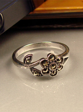 纯银复古风花朵百搭镶嵌戒指