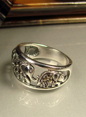 呆萌风小象纯银镂空复古镶嵌戒指
