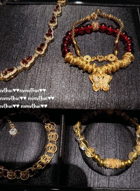 古法金色锤揲盘缠蝴蝶红玛瑙手链 新中式 安卡拉葫芦福禄锆石手链