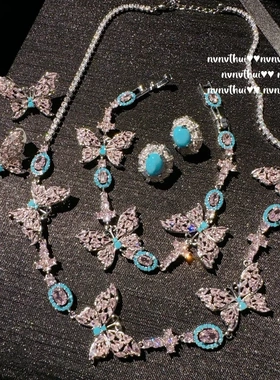 玛格丽特霜花蝴蝶宝石项链 Vintage镀18K金 仙女蝴蝶锆石手链套装