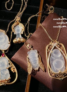 织纹雕金白玉髓金蝉项链 水灵水灵 镀18K金 高冰玉髓吉象项链组合