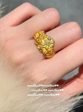 古法金色 錾雕繁花锦簇宝石花瓣手镯 新中式 拉丝猫眼手串 套装