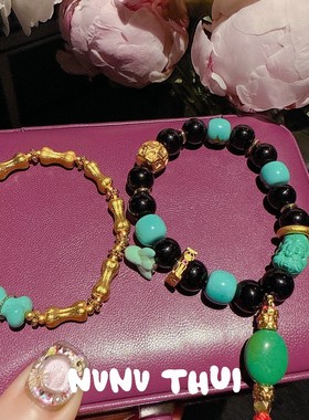 古法花丝鎏彩葡萄石七彩萤石盘缠手链 新中式 如意花粉晶福牌手串