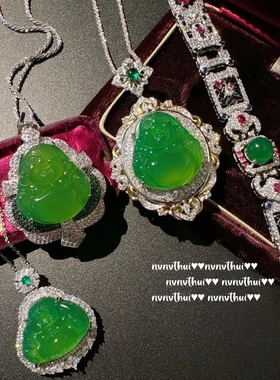巴西绿玉髓佛公花瓣宝石项链 新中式 掐丝錾花绿玉髓锆石手链套装