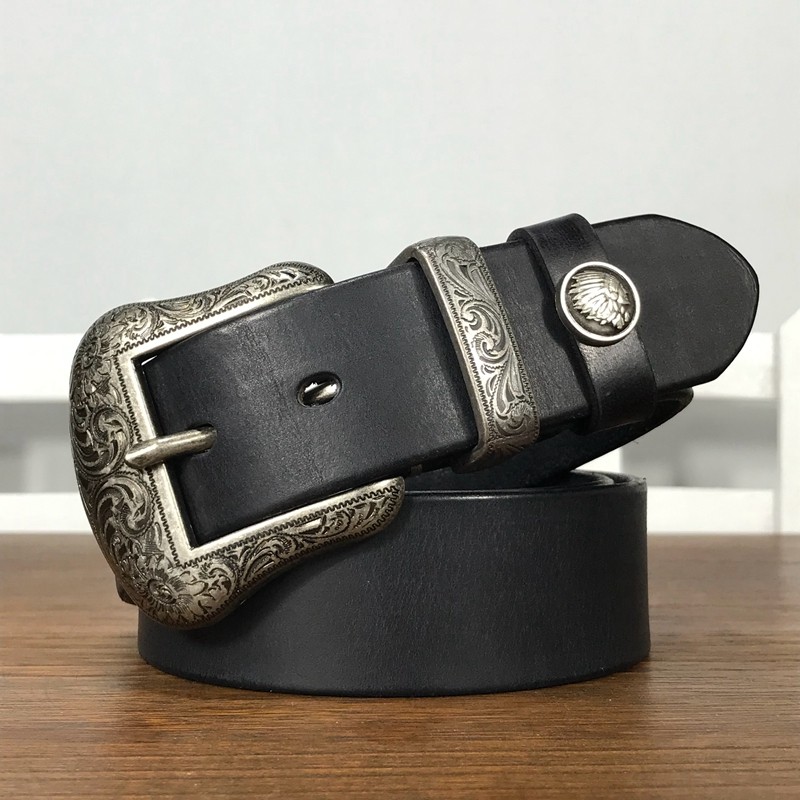 复古皮带针扣唐草雕花装饰男女真皮腰带头层牛皮黑色潮流小众设计,淘宝优惠券,粉丝福利购,淘宝优惠卷