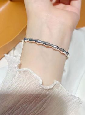 简约可调节竹节手环镯子久不掉色手饰气质仿s999纯银实心手镯女