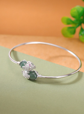 山予棠S925纯银蓝水翡翠复古国风钱币貔貅手镯新中式铜钱开口手环