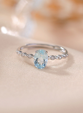 山予棠S925纯银海蓝宝戒指气质百搭时尚通勤精致切面女开口银指环