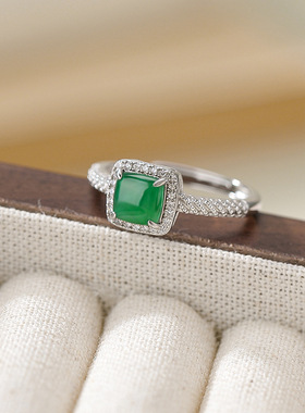 山予棠S925纯银绿翡翠戒指轻奢时尚简约百搭几何方形开口指环