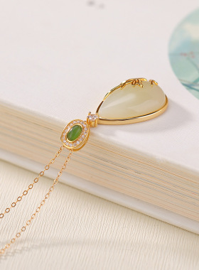 山予棠天然和田玉S925纯银镀金水滴形玉兰花新中式国风银吊坠