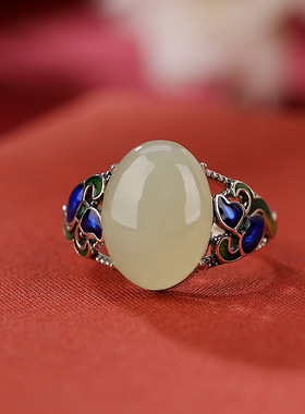 山予棠S925纯银镀金景泰蓝天然和田玉复古气质风蛋面花纹镂空戒指