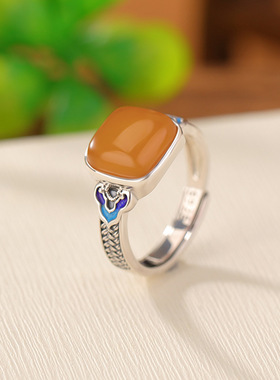 山予棠S925纯银蜜蜡血珀复古做旧国潮景泰蓝如意方形戒指编织指环
