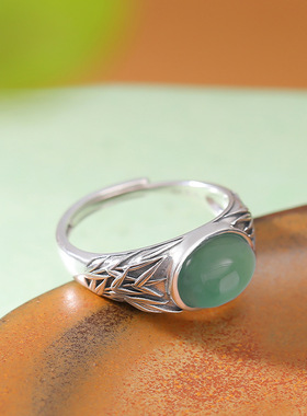 山予棠S999足银蓝水翡翠复古做旧新中式竹叶蛋面戒指国风开口指环