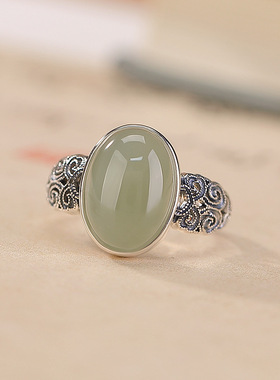山予棠S925纯银和田玉晴水玉戒指复古做旧卷草纹镂空简约蛋面指环
