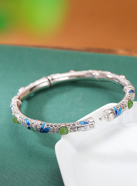 山予棠S925纯银和田玉碧玉国潮景泰蓝竹节竹叶镂空圆珠手镯银手环