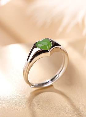 山予棠S925纯银镀金和田玉碧玉简约小众设计爱心戒指气质百搭指环