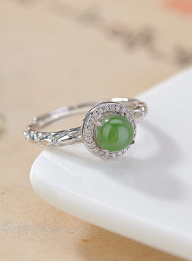 山予棠天然和田玉S925纯银碧玉圆珠圆形蛇皮纹菱形花纹镶嵌银戒指