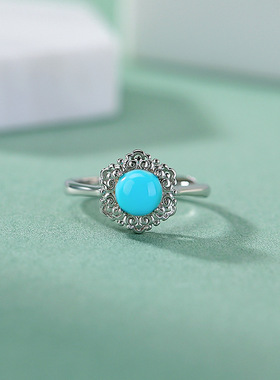 山予棠绿松石S925纯银如意镂空圆珠新中式国风银戒指