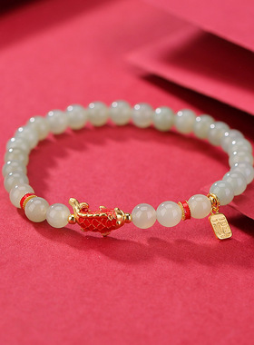 山予棠S925纯银镀金和田青玉锦鲤福牌圆珠时尚百搭轻奢感手串手链