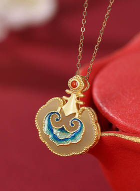 山予棠S925纯银镀金景泰蓝和田玉吊坠复古国潮琵琶女士锁骨链挂坠