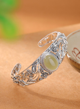 山予棠S925纯银蜜蜡和田玉晴水玉复古做旧繁花似锦蛋面手镯银手环