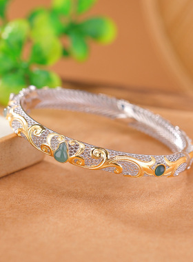 山予棠S925纯银镀金蓝水翡翠新中式国风福禄葫芦唐草纹手镯银手环