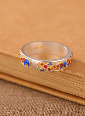 山予棠足银999描金滴油工艺大象国潮风手工活口可调哑光指环戒指