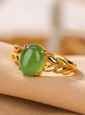 山予棠S925纯银镀金和田玉碧玉复古田园麦穗镂空蛋面戒指气质指环